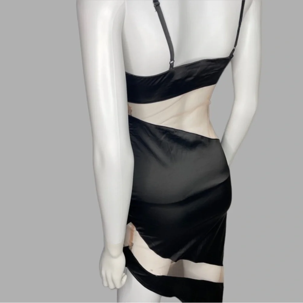 Black Body Con Asymmetrical Dress‎ With Nude Mesh Cutout